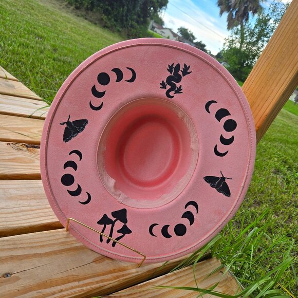 Pink vegan suede celestial hand painted wide brim hat - Picture 1 of 9